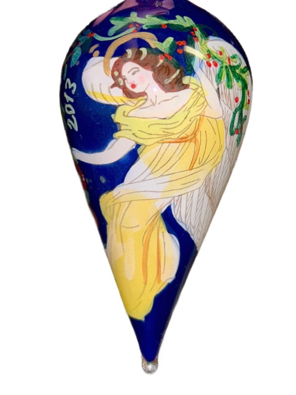 Pier 1 • Li Bien • Blue • Glass •Teardrop W/ Hand Painted Angel Ornament •W/ Box